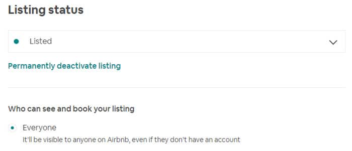Airbnb listing status - make sure snoozed or unlisted isn't selected