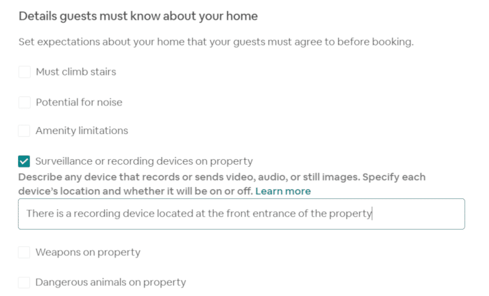 Airbnb Security Camera policy - how to change settings