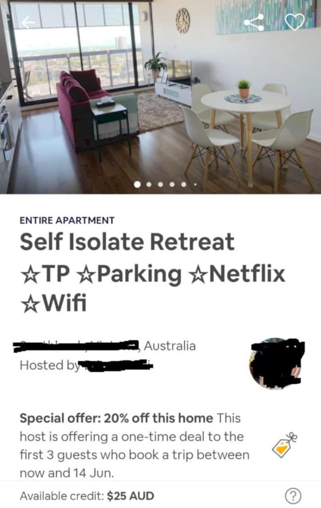 Airbnb self isolation listing