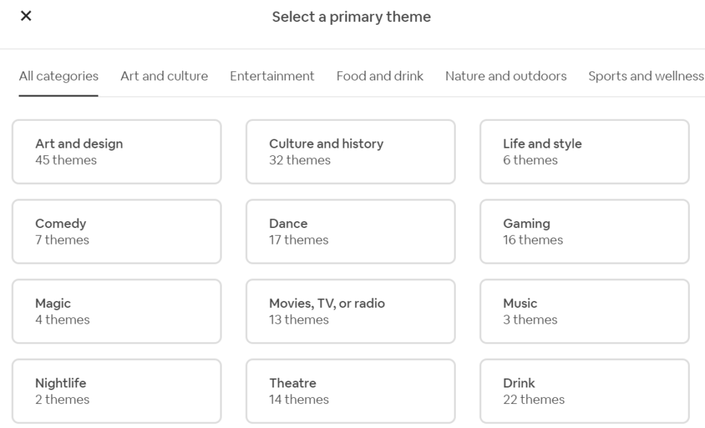 Step 1 - Choose Airbnb ExperiencesTheme